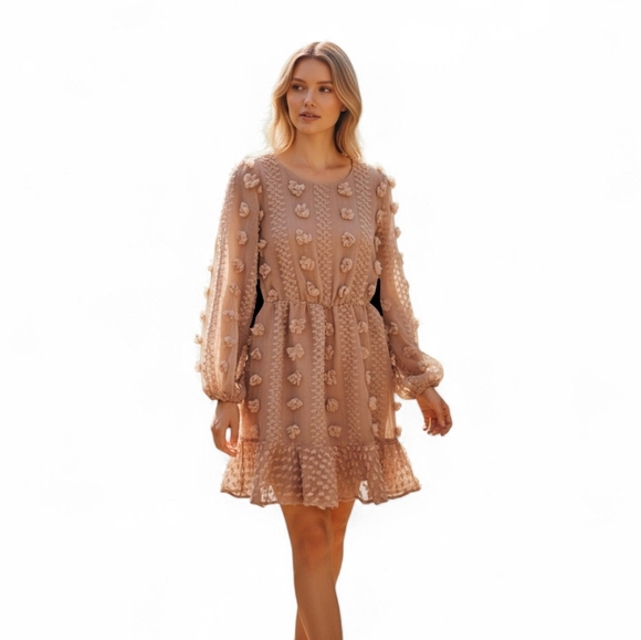&merci Dresses & Skirts - &merci Beige Nude Fairycore Mini Dress Puff Long Sleeves 3D Floral Appliques Sm